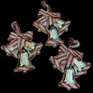 Vintage 1970s Silver Plastic Tinsel Bell Hanging Ornament Plaque Set of 3